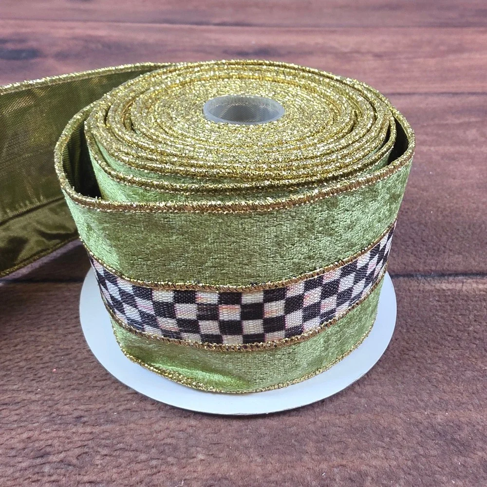 MacKenzie-Childs Wired Ribbon Green Gold Good Courtly Check Velvet 2in Wide